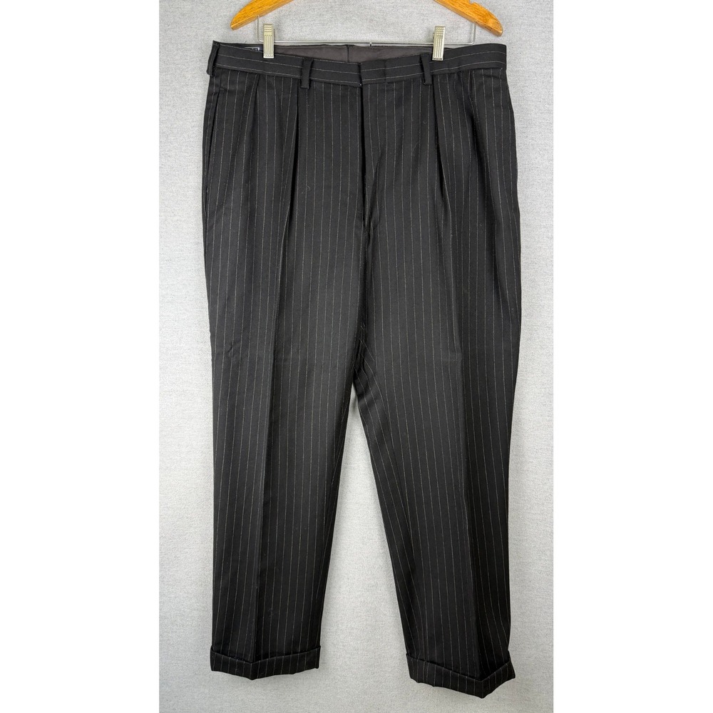 Polo Ralph Lauren Mens Black Pinstripe Wool Pleated Cuffed Dress Pants 36x29 USA